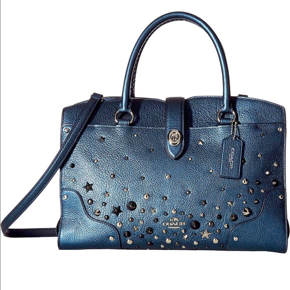 Coach Mercer 30 Satchel With Star Rivets Metallic Blue/Gunmetal Leather LIMITED